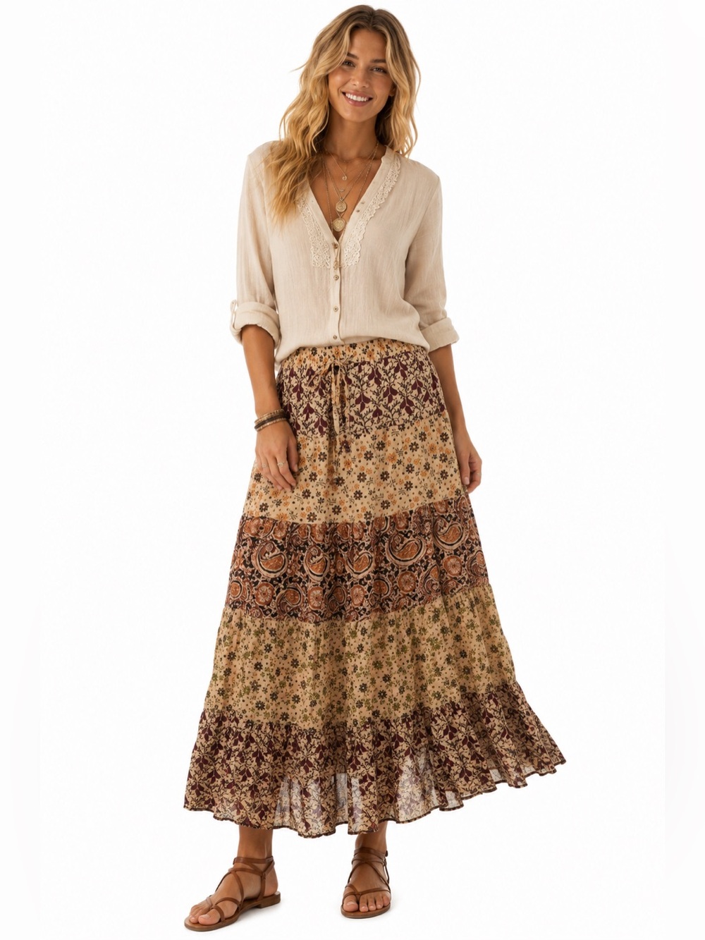 Young Threads Boho Floral Tiered Maxi Skirt in Beige and Brown
